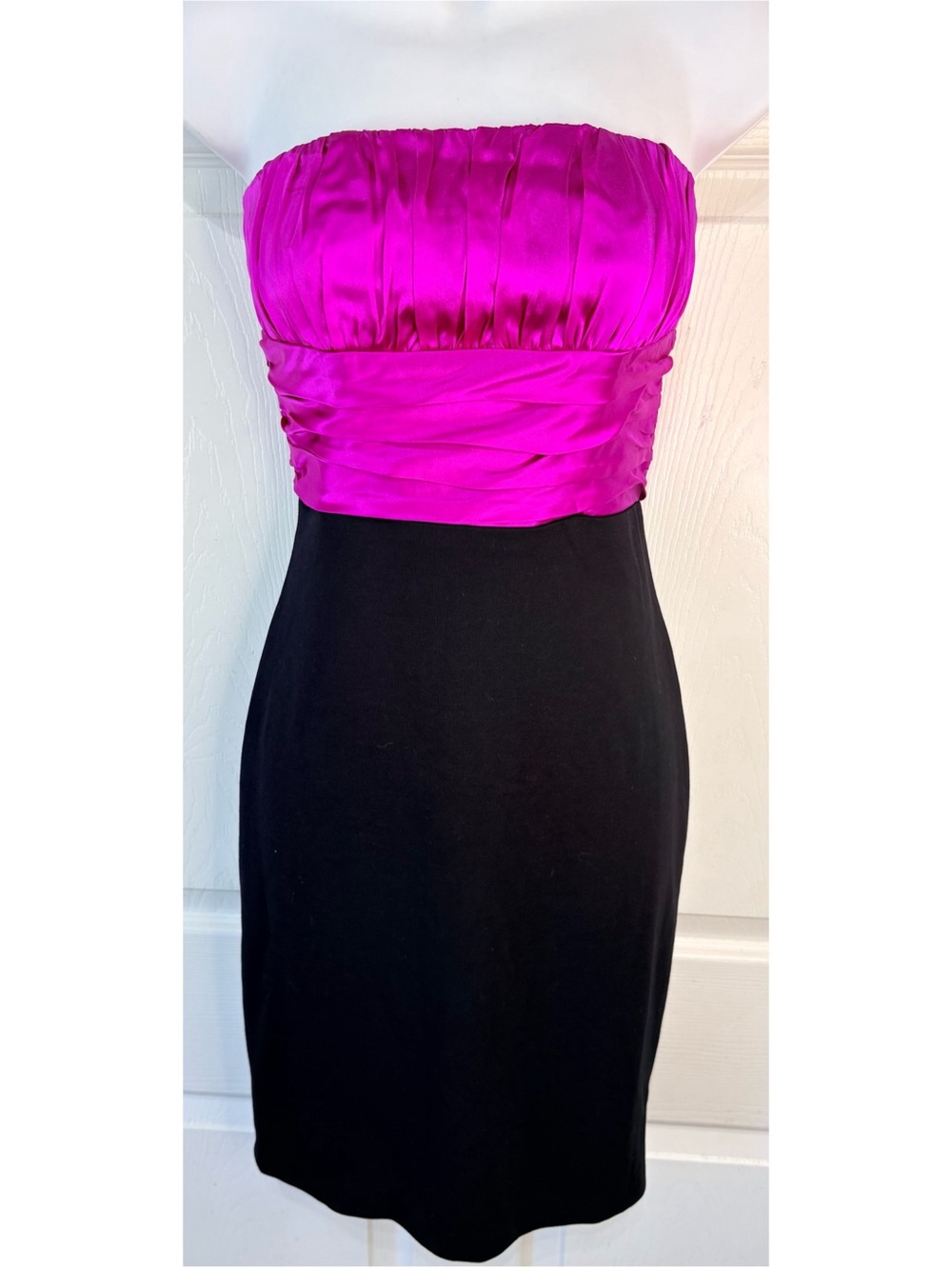 90s Y2K Rubber Ducky Satin Fuchsia Ruched Strapless Bodycon Dress Small